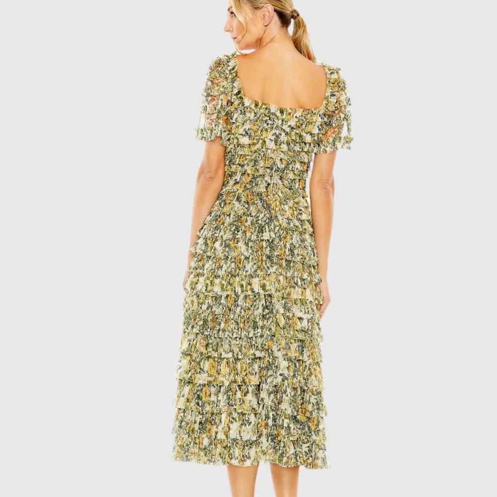 MAC DUGGAL women’s Multicolor Short Sleeve Micro Ruffle Tea Length Dress #8232 - Picture 3 of 13